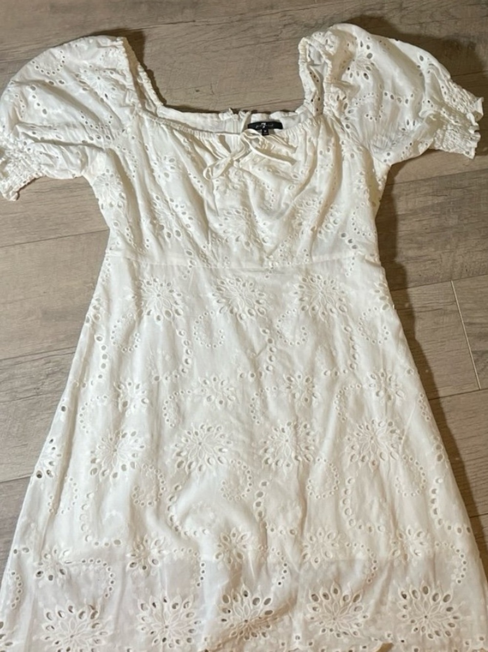 7 For All Mankind White Eyelet Midi Dress with Puff Sleeves